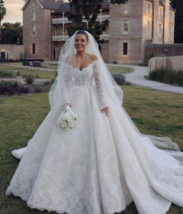 C2024-LSL78 - off the shoulder lace wedding ball gown with long sleeves