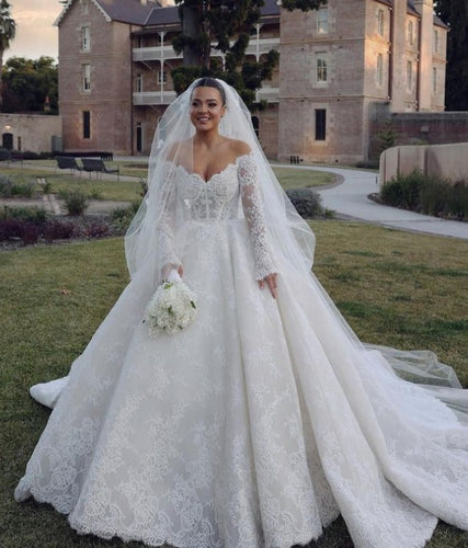 C2024-LSL78 - off the shoulder lace wedding ball gown with long sleeves