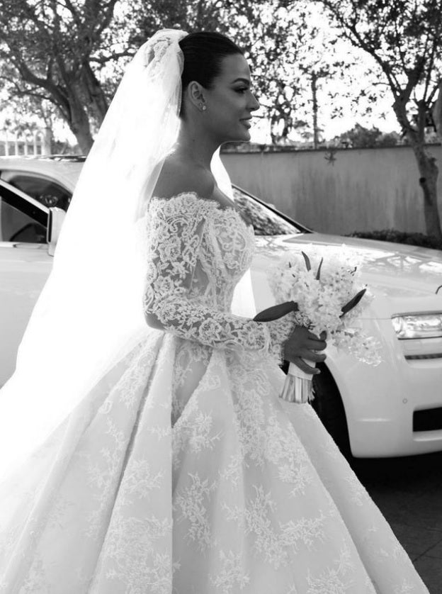 C2024-LSL78 - off the shoulder lace wedding ball gown with long sleeves