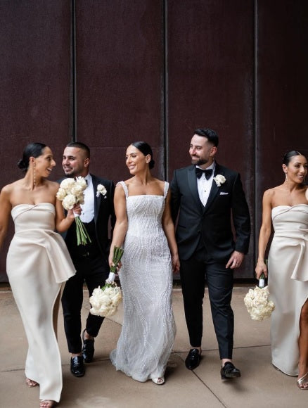 C2024-BA503 - Beaded White fitted wedding gown with detachable train and shoulder straps