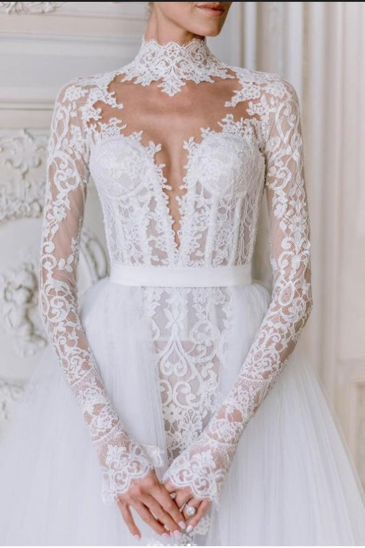C2024-LS119 - Long sleeve lace wedding gown with illusion neckline and detachable train