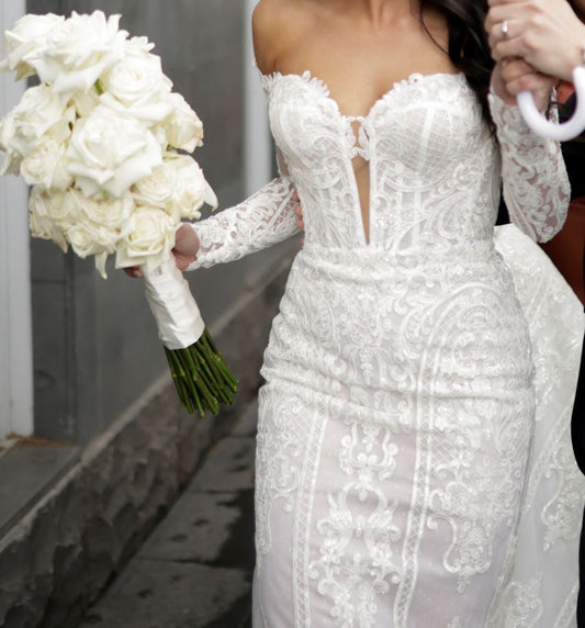 C2023-OLS337 - off the shoulder long sleeve embroidered wedding gown for sale