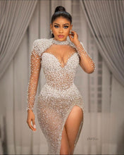 C2023-SLS11H - Robe de soirée transparente à manches longues et perles de cristal Swarovski avec fente