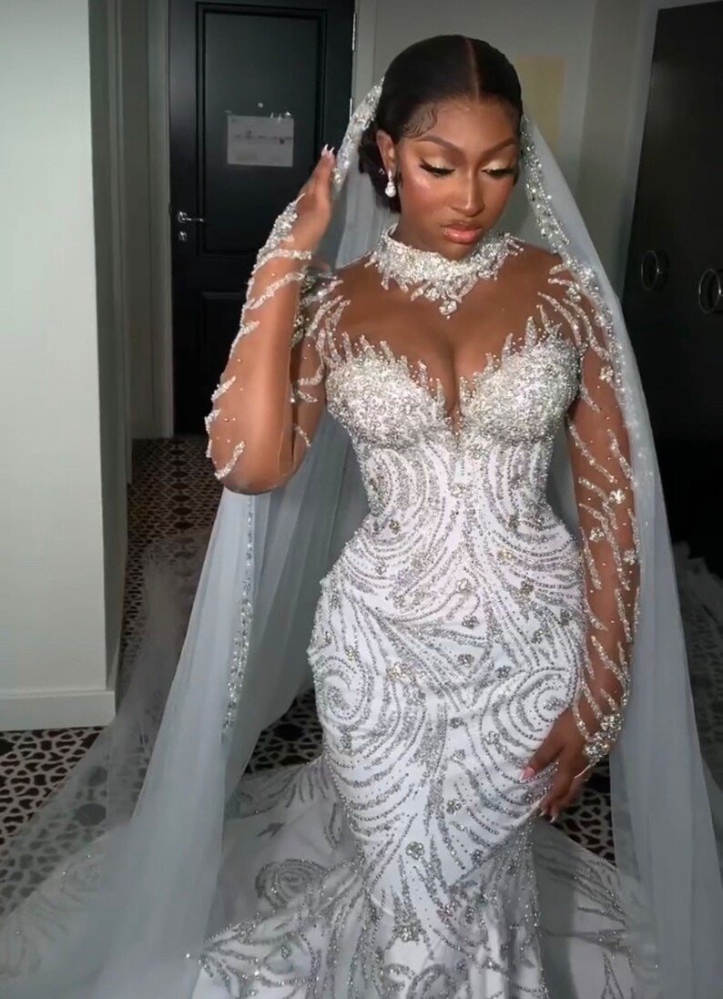 C2024-LSC78 - Swarovski Crystal beaded wedding gown with sheer long sl Darius Couture C2024-LSC78 - Swarovski Crystal beaded wedding gown with sheer long sl Darius Couture