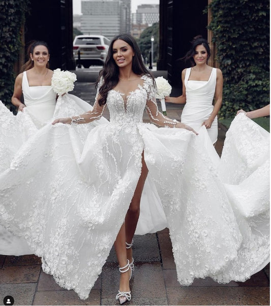 C2024-LSV11 - sheer long sleeve wedding gown with illusion neckline and leg split