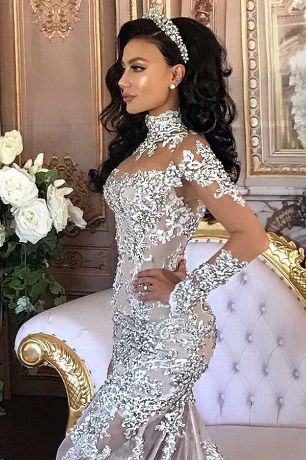 C2020 - BLS989 - swarovski crystal beaded long sleeve illusion neckline wedding gown with detachable over skirt train