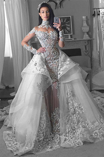 C2020 - BLS989 - swarovski crystal beaded long sleeve illusion neckline wedding gown with detachable over skirt train