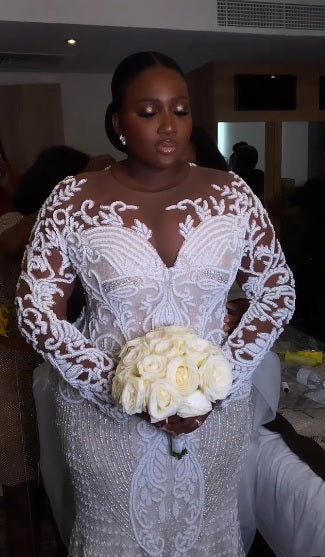 C2025-NLSPS - beaded long sleeve plus size wedding gown