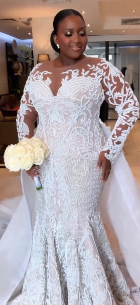 C2025-NLSPS - beaded long sleeve plus size wedding gown