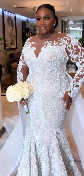 C2025-NLSPS - beaded long sleeve plus size wedding gown