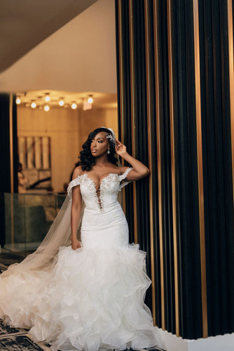 C2023-OSF87 - off the shoulder strapless fit-to-flare lace up back wedding gown
