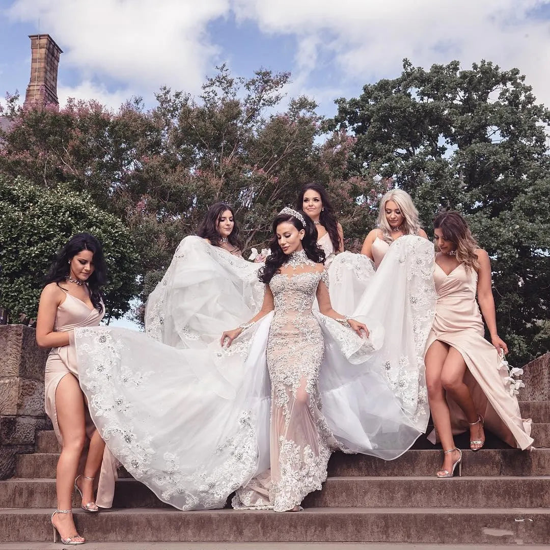 C2020 - BLS989 - swarovski crystal beaded long sleeve illusion neckline wedding gown with detachable over skirt train