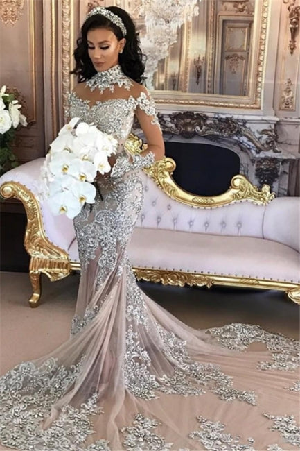 C2020 - BLS989 - swarovski crystal beaded long sleeve illusion neckline wedding gown with detachable over skirt train