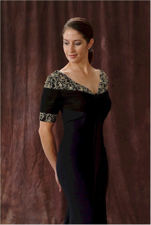 Style #E1095 - Black short sleeve mother of the bride dress in silk