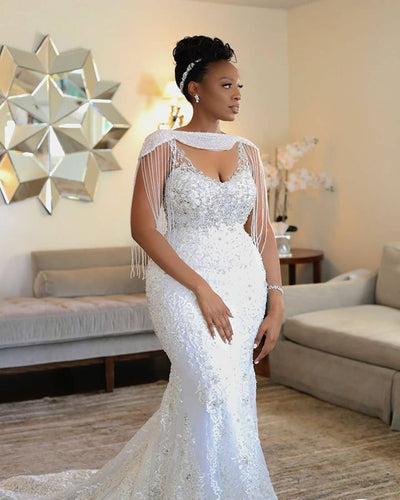 C2023-NB88 - Cap Sleeve Fit-to-Flare beaded plus size wedding gown