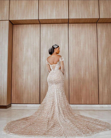 dark beige wedding dress See Through Ivory Beach Wedding Dress With Pearl Beaded WD293 US4 / White