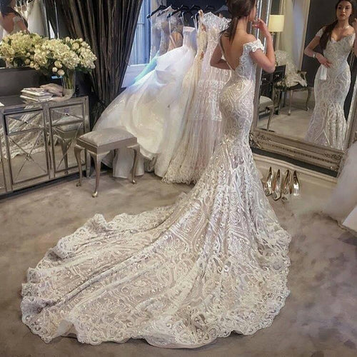 C2021-OS404  Off the shoulder backless lace wedding gown with cathedral train