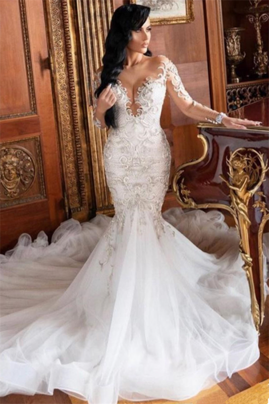 C2022-LS77 - Vestido de novia de alta costura de manga larga con pedrería