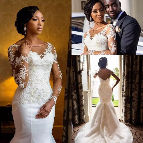 Simple and Elegant long sleeve beaded lace wedding gown