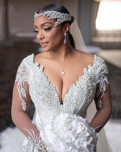 C2022-SLSB448 - Vestido de novia transparente de manga larga y talla grande con cristales Swarovski Bling