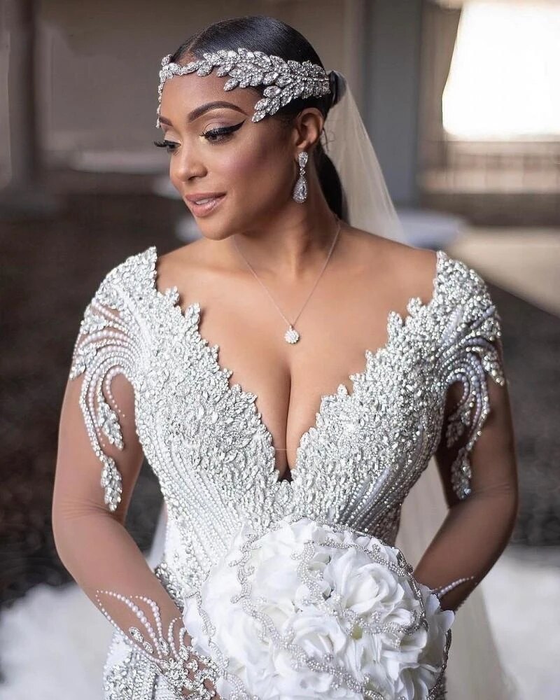 C2022-SLSB448 - Vestido de novia transparente de manga larga y talla grande con cristales Swarovski Bling