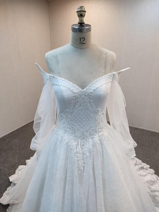 C2021-CMurphy Sheer long sleeve off the shoulder ball gown wedding dress