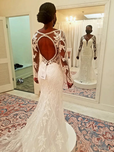 C2022-KB399 Sheer long sleeve keyhole back wedding gown