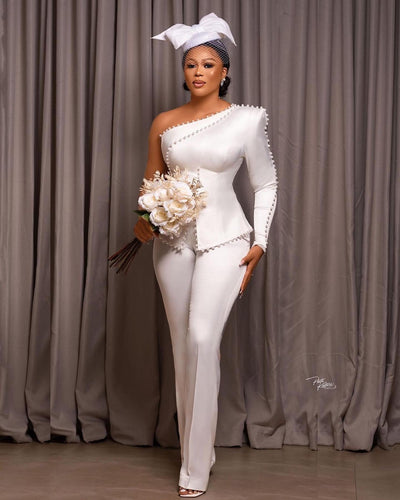 C2022-2P22  One arm faux two piece wedding reception pant suit with pearls