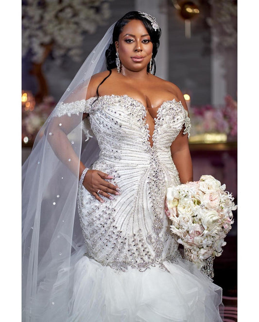 C2023-OS61P - off the shoulder plus size beaded wedding gown with bling