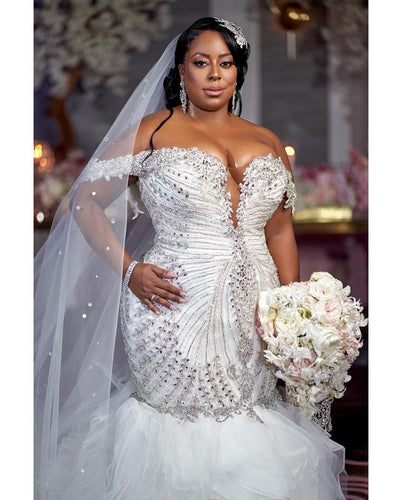 C2023-OS61P - off the shoulder plus size beaded wedding gown with bling