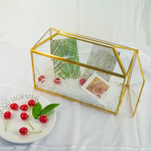 YIMORENCE V Caja para tarjetas de cristal de boda dorada – Portatarjetas de boda grande de 12,6 pulgadas Terrario de cristal dorado hecho a mano con ranura y candado de corazón
