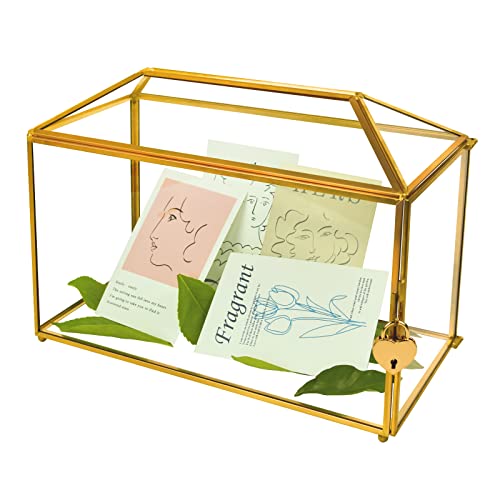 YIMORENCE V Caja para tarjetas de cristal de boda dorada – Portatarjetas de boda grande de 12,6 pulgadas Terrario de cristal dorado hecho a mano con ranura y candado de corazón