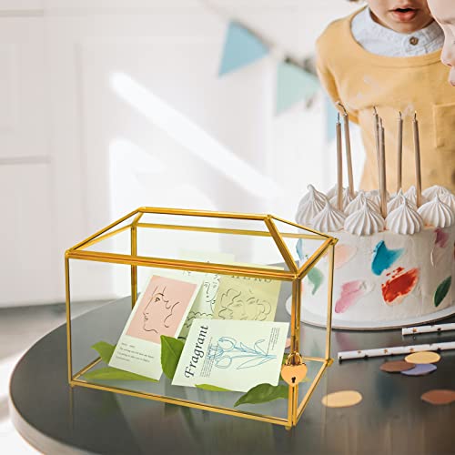 YIMORENCE V Caja para tarjetas de cristal de boda dorada – Portatarjetas de boda grande de 12,6 pulgadas Terrario de cristal dorado hecho a mano con ranura y candado de corazón
