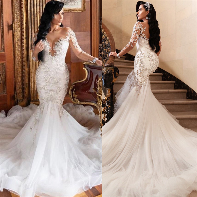C2022-LS77 - Vestido de novia de alta costura de manga larga con pedrería
