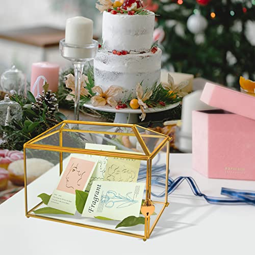 YIMORENCE V Boîte à cartes de mariage en verre doré – Grand porte-cartes de mariage de 12,6 pouces, Terrarium en verre doré fait à la main avec fente et serrure en forme de cœur