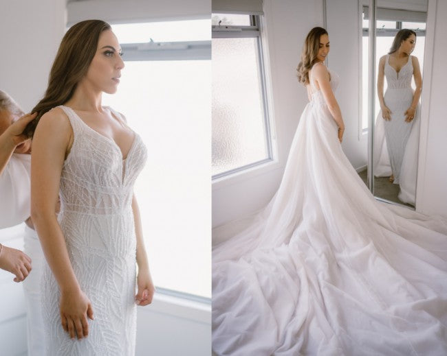 C2021SB77 - Sleeveless beaded wedding gown with detachable train