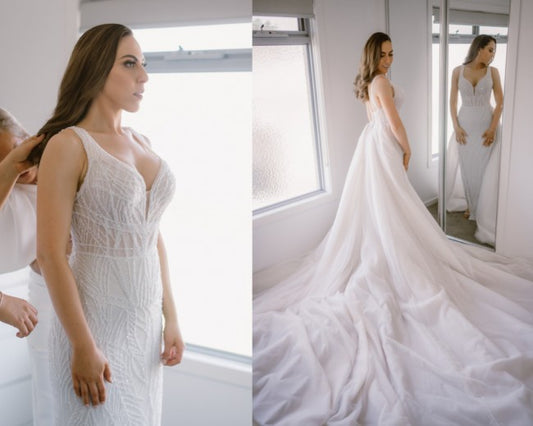 C2021SB77 - Sleeveless beaded wedding gown with detachable train