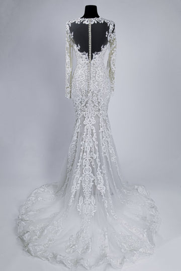 C2022-OLS44 - open bust line long sleeve embroidered sheath wedding go   Darius Couture