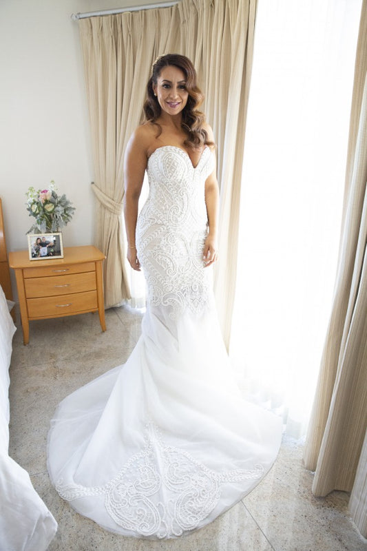 C2022-BE339 - strapless beaded embroidery wedding gown with train