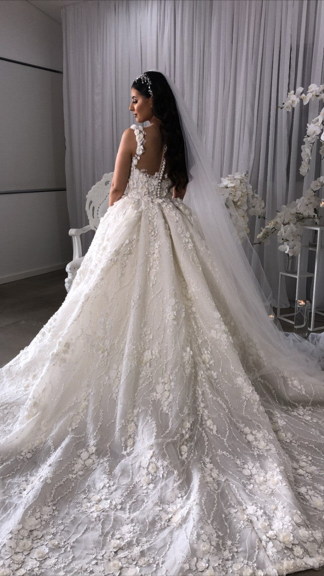 C2022-BGS552 - sleeveless open neck ball gown wedding dress with detachable over skirt train