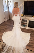 C2022-lsl022 vestido de novia de encaje de manga larga con cuello abierto y cola