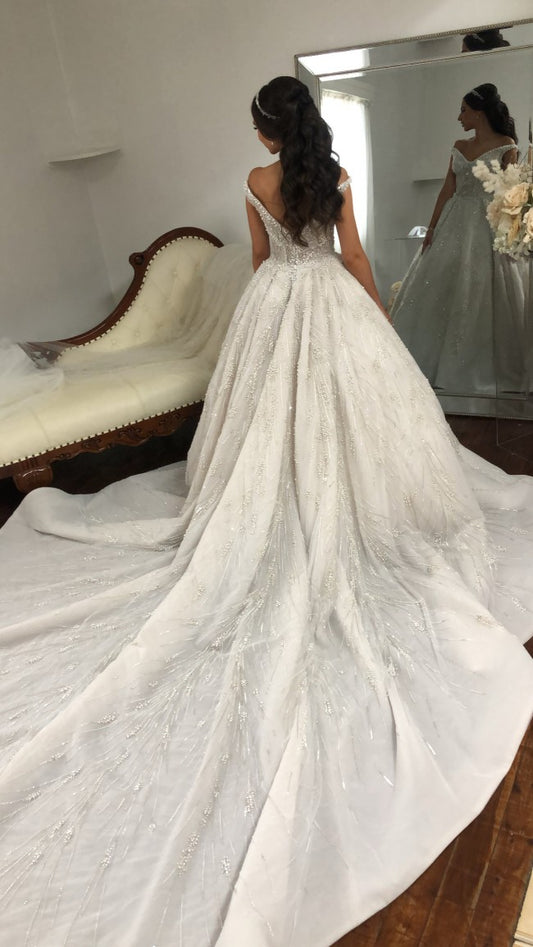 C2022-OFB227 - off the shoulder sparkle beaded formal wedding ball gown