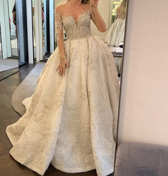 C2022-SLS009 - Sheer illusion neckline long sleeve beaded wedding ball gown