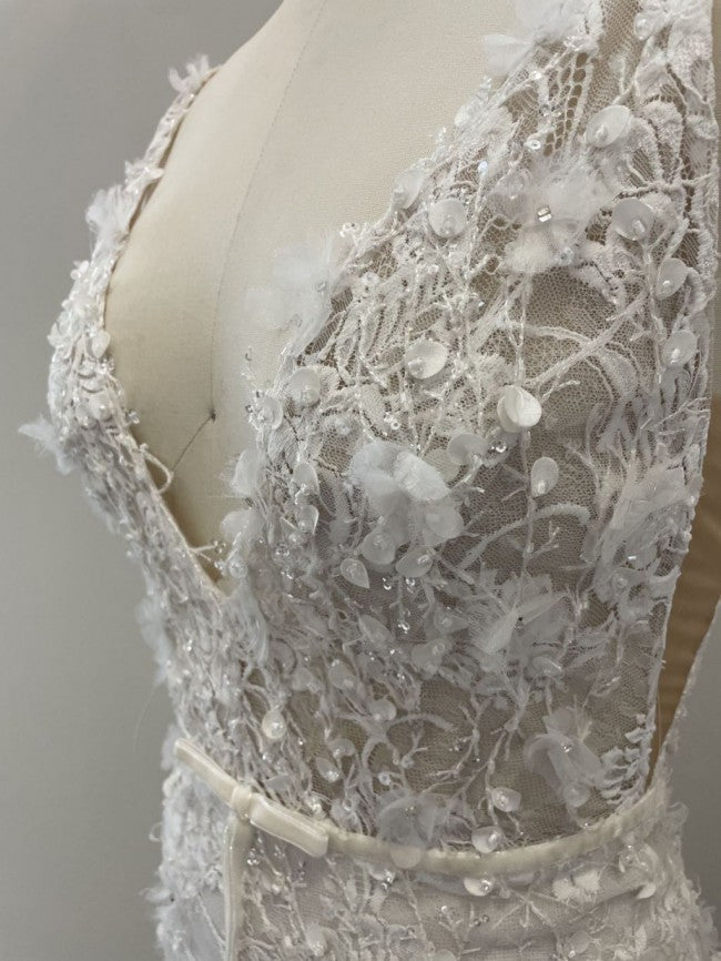 C2022-SV551 - sleeveless v-neck lace wedding gown with detachable over skirt