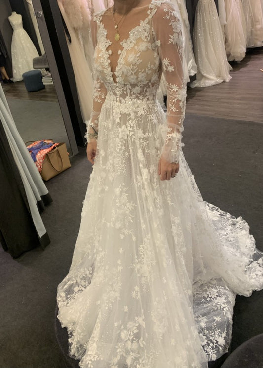 C2022-LSV003 - sheer long sleeve a-line wedding gown with flower motif design