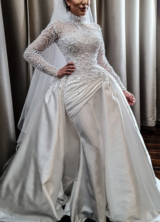 C2022-PLS887 Pearl beaded long sleeve modest wedding gown with detacha – Darius Couture