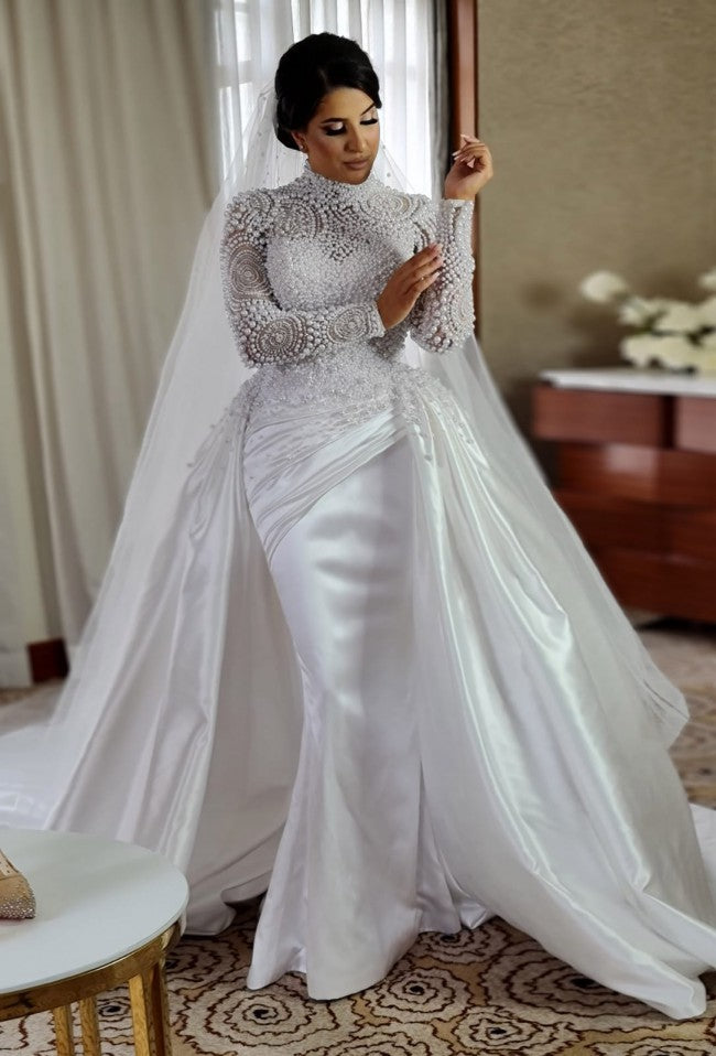 C2022-PLS887 Pearl beaded long sleeve modest wedding gown with detacha – Darius Couture
