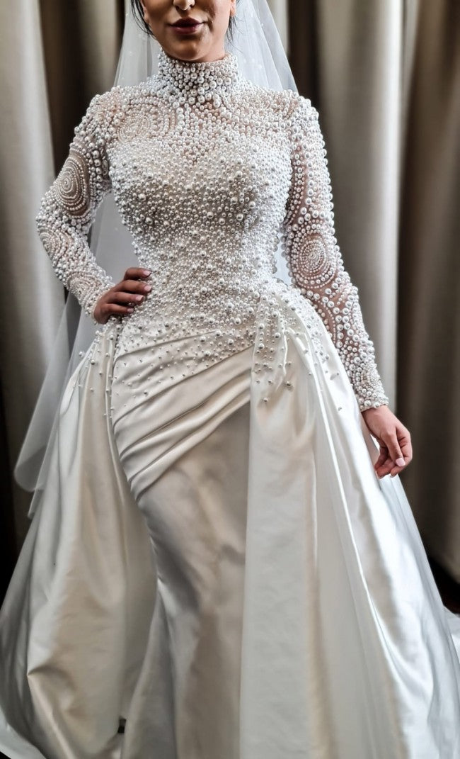 C2022-PLS887 Pearl beaded long sleeve modest wedding gown with detachable train