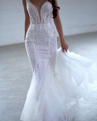 C2022S-044 vestido de novia con cuentas, sexy, sin mangas, con cuello en V