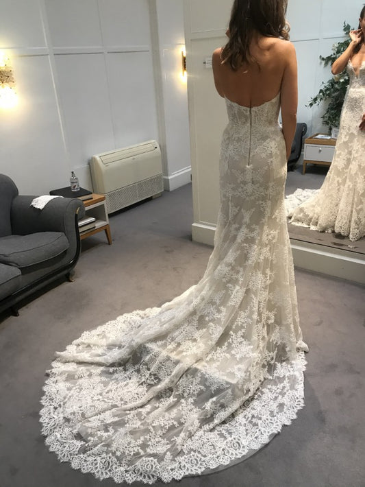 C2022-SL668 strapless lace wedding gown with cathedral train